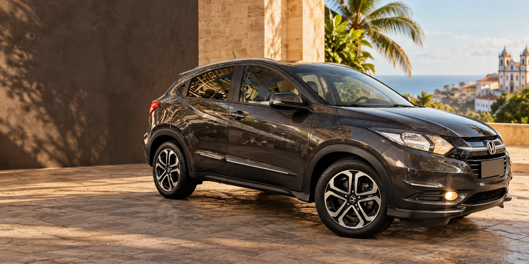 Perspectiva ilustrativa de um Honda HR-V em um cenário arquitetônico inspirado na Bahia